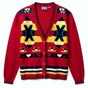 Beyond Blue Vintage 90s Women’s Sz M Southwestern Cardigan Sweater Red Cotton